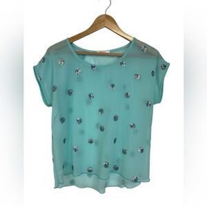 Renee C. Turquoise Sequins Sheer Hi Low Blouse. Size Large